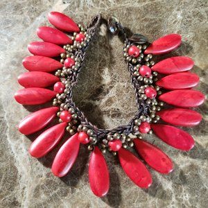 Handcrafted Macrame Beaded Bracelet with Red Stone Teardrops
